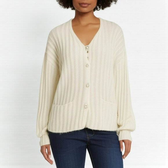 ๐งธ Express Tricot M Vintage Mohair Cardigan Cream Fuzzy 80s 90s Chunky Knit - Picture 1 of 14